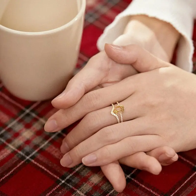 Nautical Anchor and Lunar Couple Rings with Pavé Zirconia Yellow Gold Tone other 3 DY120683-S-G-WH