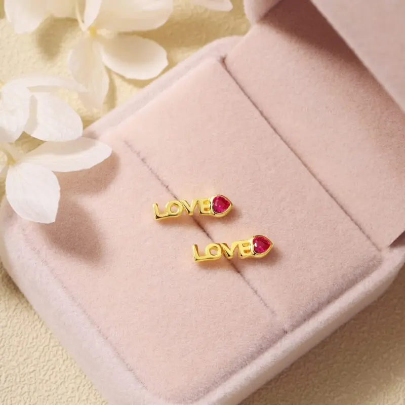 Romantic Love Earring Stud with Ruby Red Heart-Cut Zircon other 3-DY1D0190-S-G-RR-18K