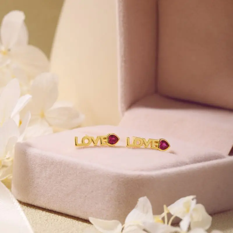 Romantic Love Earring Stud with Ruby Red Heart-Cut Zircon other 4-DY1D0190-S-G-RR-18K