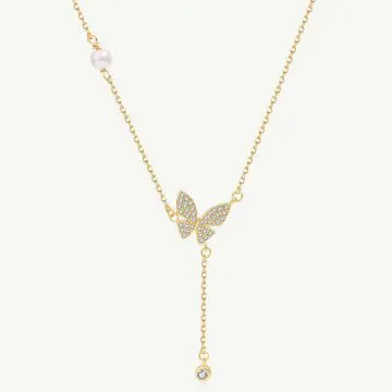 Symbolic Pave Butterfly Pendant Necklace with Dangle Zircon main-2 1-YC190172-S-G-WH-18K