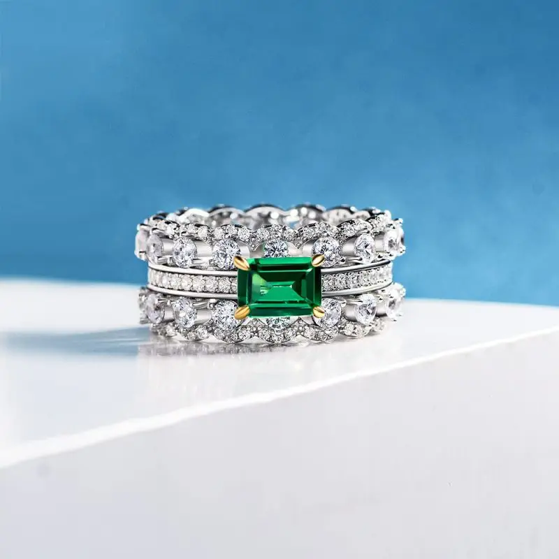 WomensS925Ring6HighCarbonGreenDiamondInlaidGeometricDoubleR-4