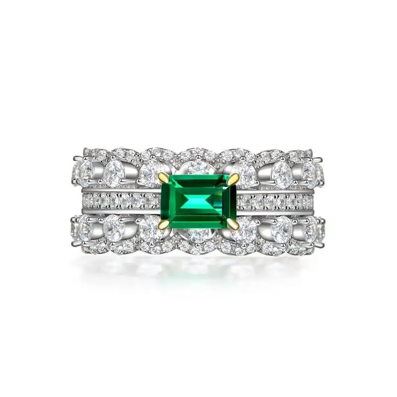 WomensS925Ring6HighCarbonGreenDiamondInlaidGeometricDoubleR-7