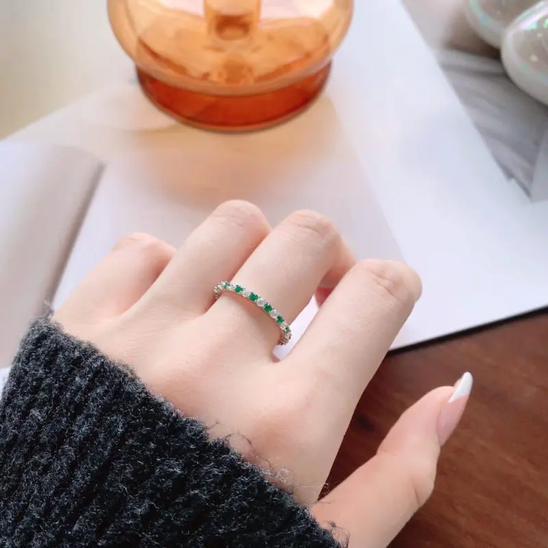 Minimalist Narrow Band Ring with Alternating Starry Zircon Green other 1 DY120158-S-W-WG