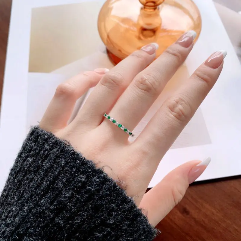 Minimalist Narrow Band Ring with Alternating Starry Zircon Green other 3 DY120158-S-W-WG