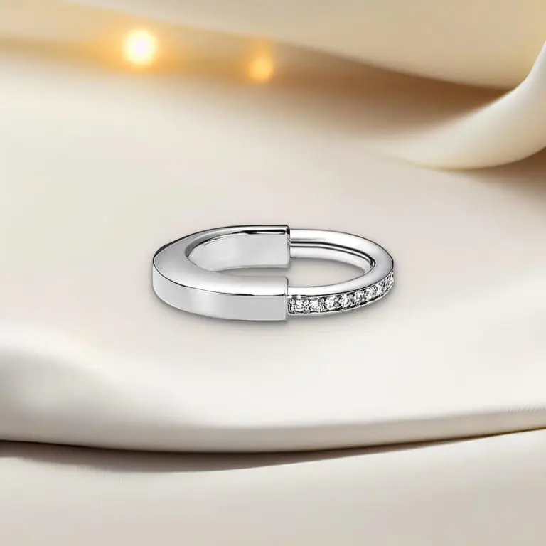 Replica T lock single finger ring white gold plated half diamonds main1