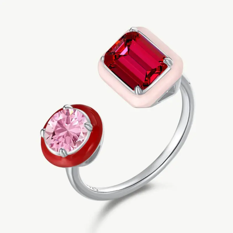 Two-Tone Double Stone Ring with Droplet Frame and Open Band ruby red main-2 DY120602-S-W-RD