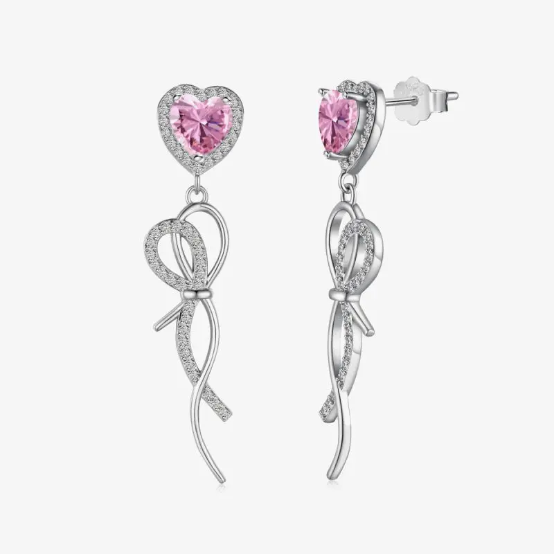 Pink Heart Diamond Bow Drop Earrings DY110291-S-W-BF (1)