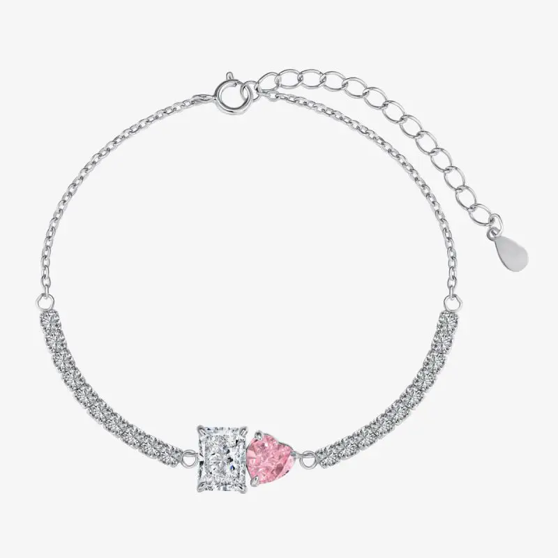 Pink Heart and Clear Rectangle Dual Gemstone 925 Silver Bracelet DY150156-S-W-BF (1)