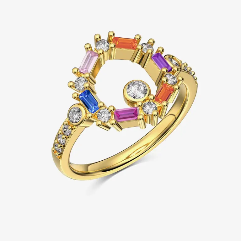 Rainbow Gemstone Geometric Diamond Gold Ring DY120968-S-G-CS (3)