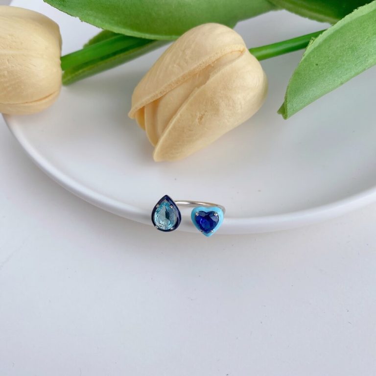 Dual Stone Two-Tone Ring with Open Band and Droplet Frame Sapphire Blue main-2 DY120601-S-W-BU