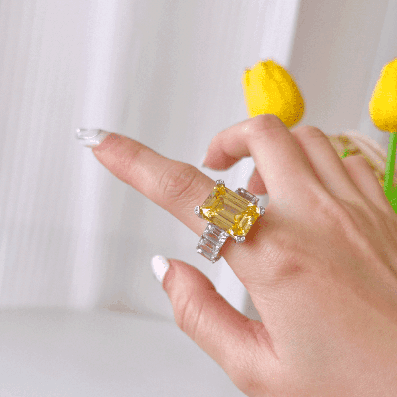 Elegant Single Row Pave Band Ring with 5.0 ct Emerald-Cut CZ Citrine Yellow other 1 DY120337-S-W-HB