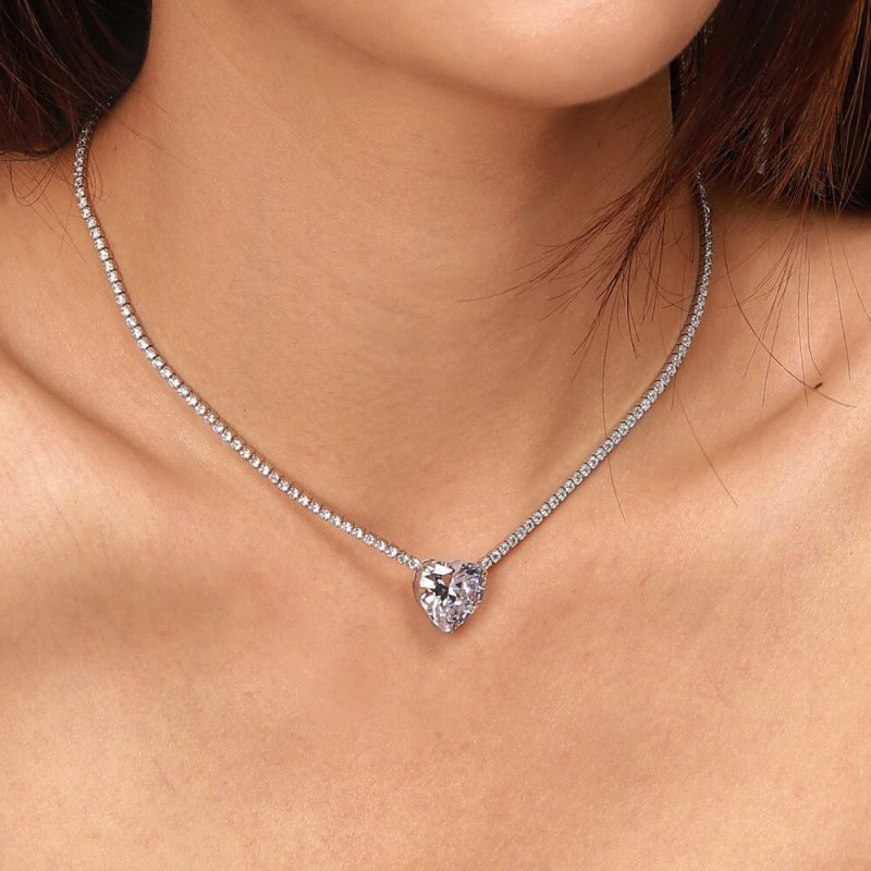 Elegant Single Row Tennis Ball Chain With Heart-Shaped Pendant other 3-NE190015-S-W-WH