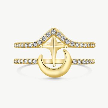 Nautical Anchor and Lunar Couple Rings with Pavé Zirconia Yellow Gold Tone main-2 DY120683-S-G-WH