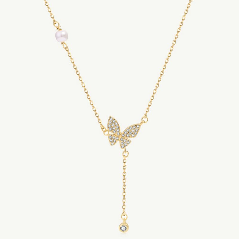 Symbolic Pave Butterfly Pendant Necklace with Dangle Zircon main-2 1-YC190172-S-G-WH-18K