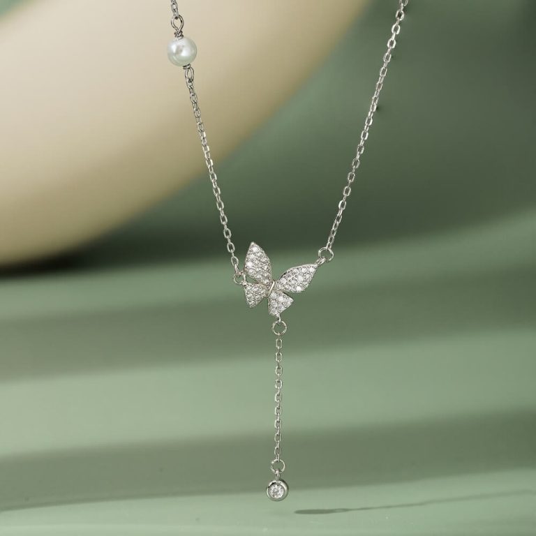 Symbolic Pave Butterfly Pendant Necklace with Dangle Zircon main-2 1-YC190172-S-W-WH-White