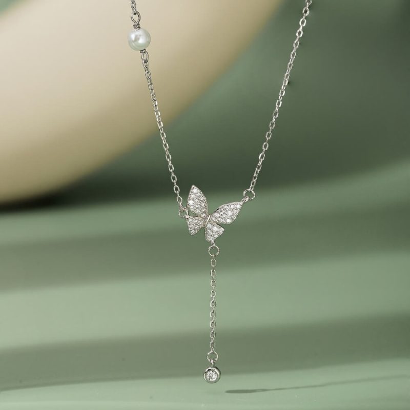 Symbolic Pave Butterfly Pendant Necklace with Dangle Zircon other 1-YC190172-S-W-WH-White