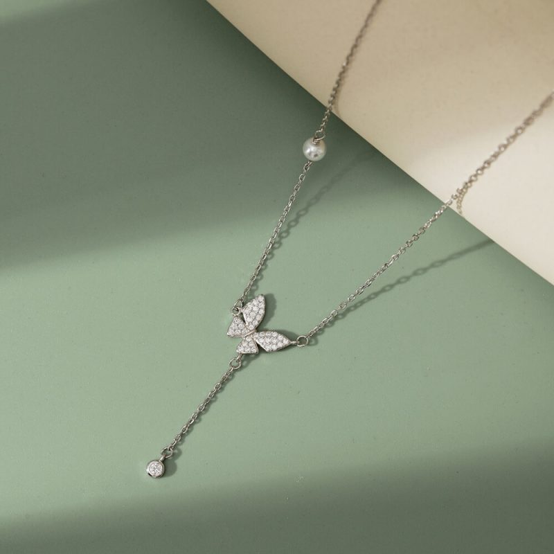 Symbolic Pave Butterfly Pendant Necklace with Dangle Zircon other 5-YC190172-S-W-WH-White