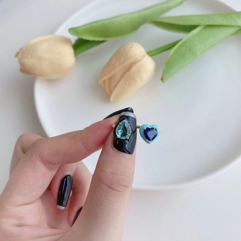 Two-Tone Double Stone Ring with Droplet Frame and Open Band Sapphire Blue main-2 DY120602-S-G-BU