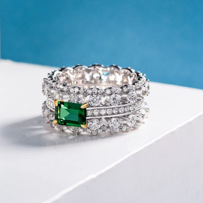 WomensS925Ring6HighCarbonGreenDiamondInlaidGeometricDoubleR-2