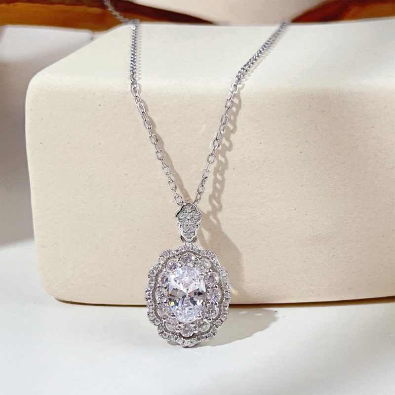 Floral Pendant Necklace with 1.5 ct Oval-Cut CZ and Pave other 2-DY190386-S-W-WH-white