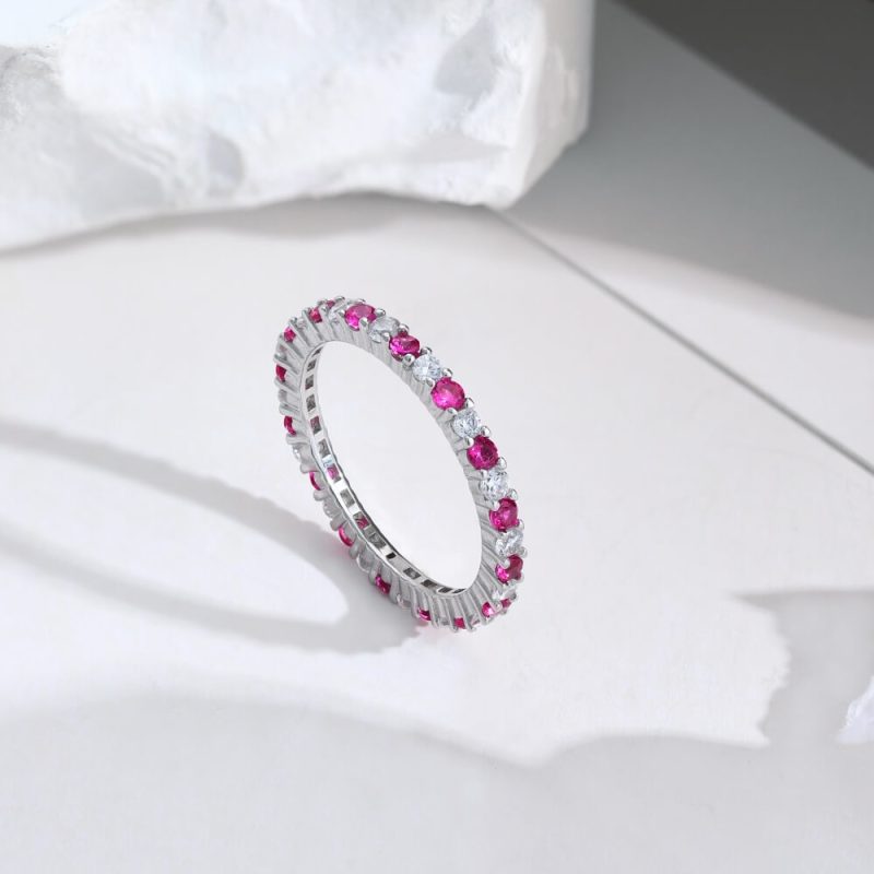 Minimalist Narrow Band Ring with Alternating Starry Zircon Rose Red other 1 DY120158-S-W-BO