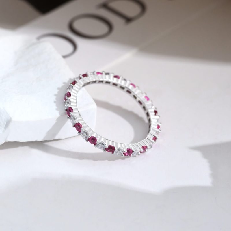 Minimalist Narrow Band Ring with Alternating Starry Zircon Rose Red other 2 DY120158-S-W-BO