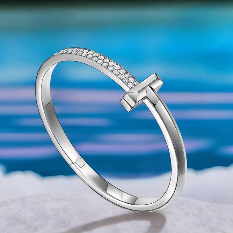 Replica T T1 medium wide diamond hinged bangle white gold plated main