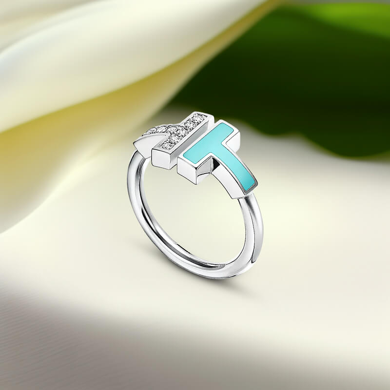 Replica T diamond and turquoise wire ring white gold plated other-1