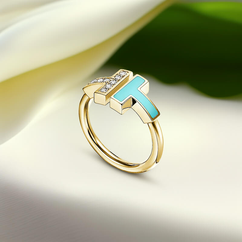 Replica T diamond and turquoise wire ring yellow gold plated other-1