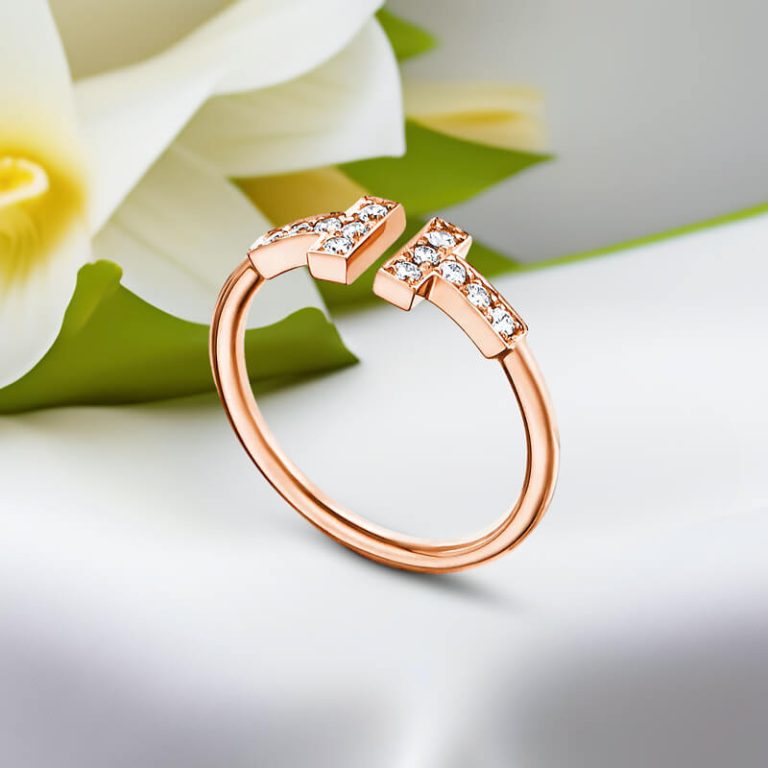 Replica T wire ring with round brilliant diamonds rose gold plated main1