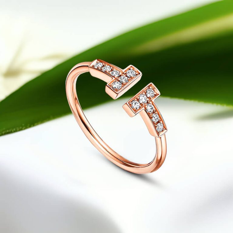 Replica T wire ring with round brilliant diamonds rose gold plated main1