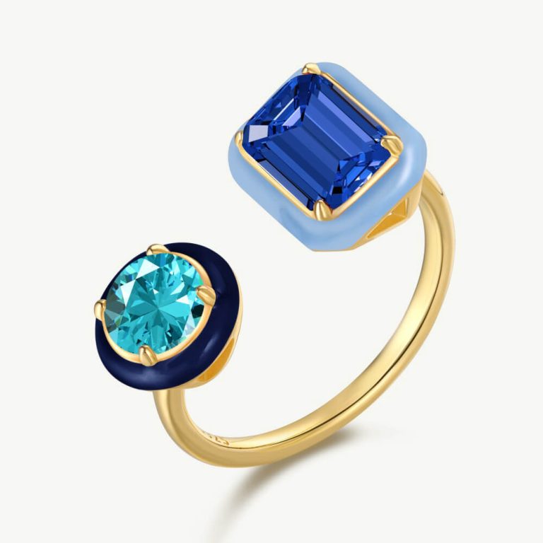 Two-Tone Double Stone Ring with Droplet Frame and Open Band Sapphire Blue main-2 DY120602-S-G-BU
