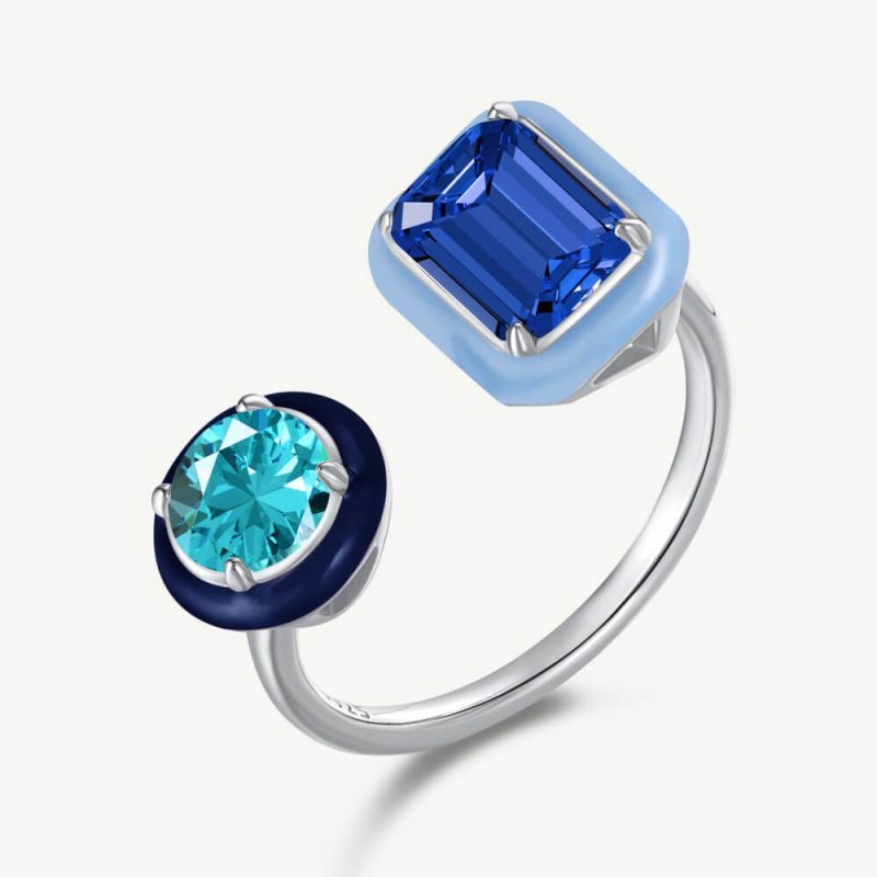 Two-Tone Double Stone Ring with Droplet Frame and Open Band Sapphire Blue main-2 DY120602-S-W-BU