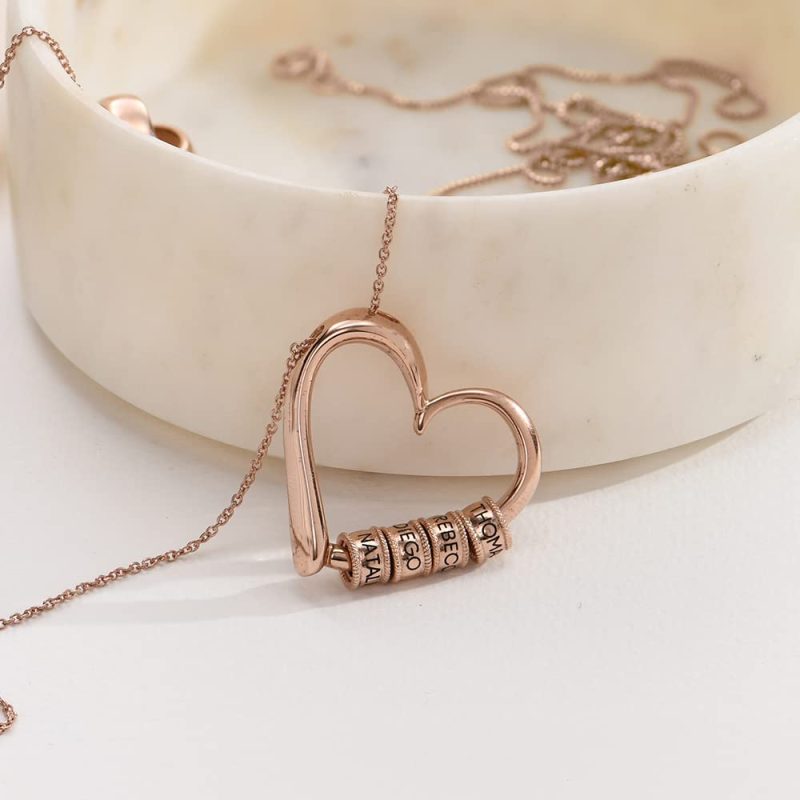 Elegant Heart Necklace with Personalized Engraved Beads rose gold plating 4a