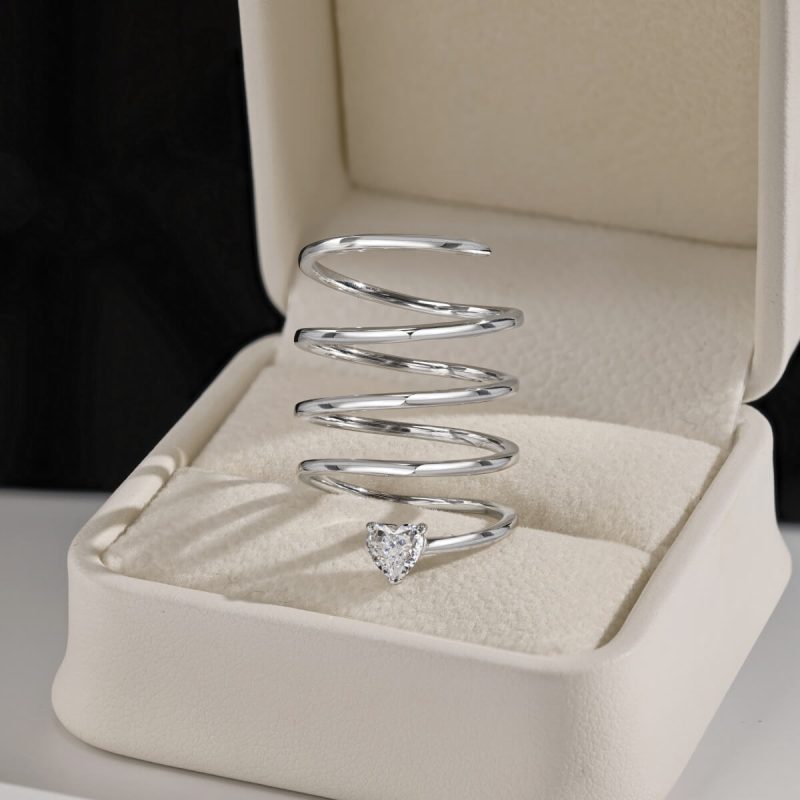 Modern Serpentine Silver Heart Diamond Ring 06