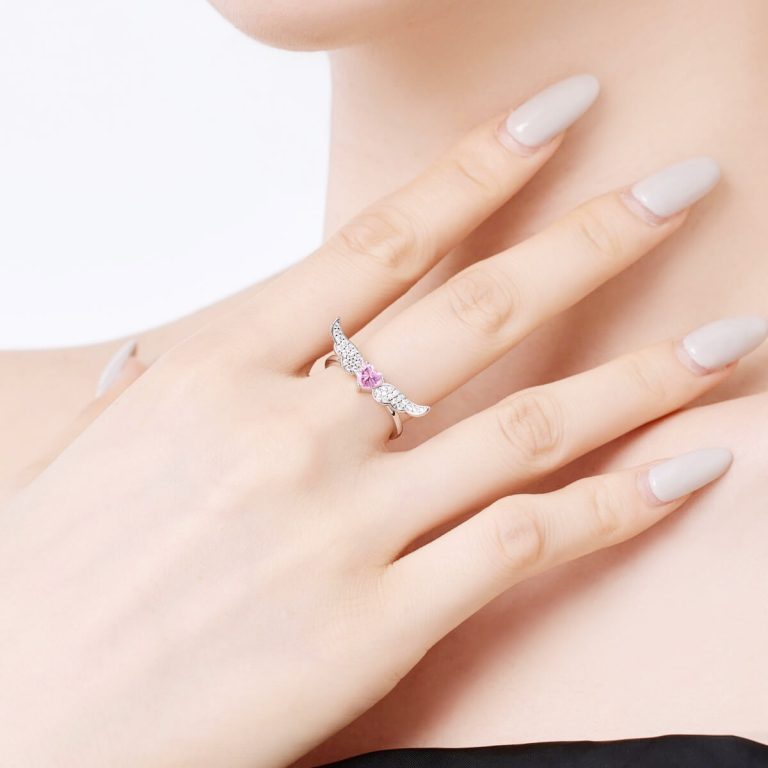 Angel Wing Pink Gemstone and Diamond Silver Ring DY121055-S-W-BF (1)