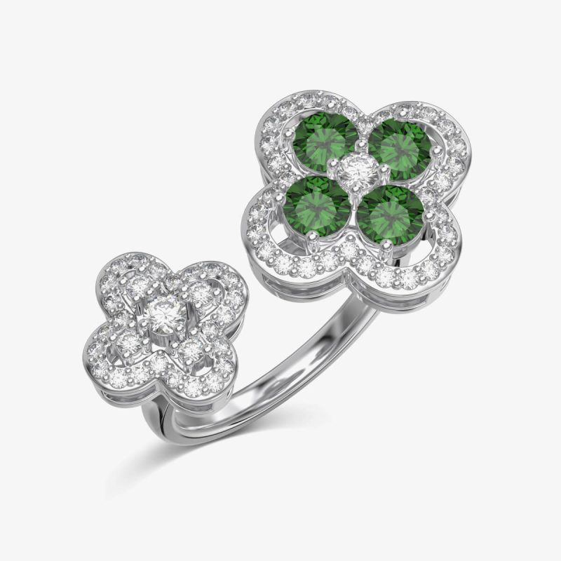 Exquisite Double Flower Diamond and Green Gemstone Ring DY120981-S-W-WG (1)