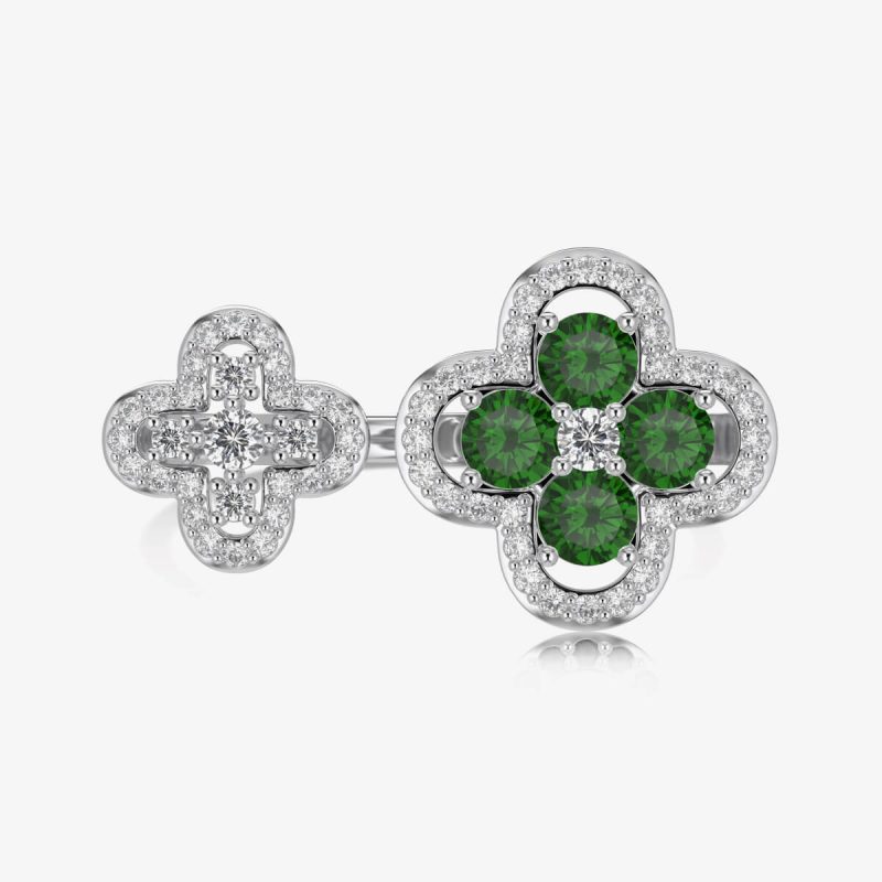 Exquisite Double Flower Diamond and Green Gemstone Ring DY120981-S-W-WG (3)