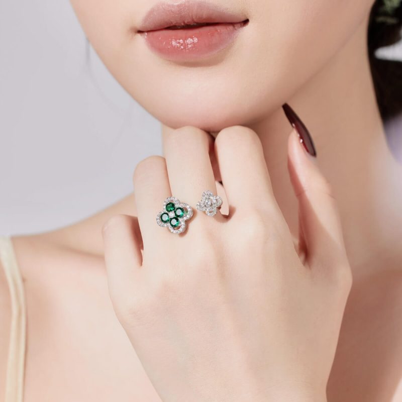 Exquisite Double Flower Diamond and Green Gemstone Ring DY120981-S-W-WG (4)