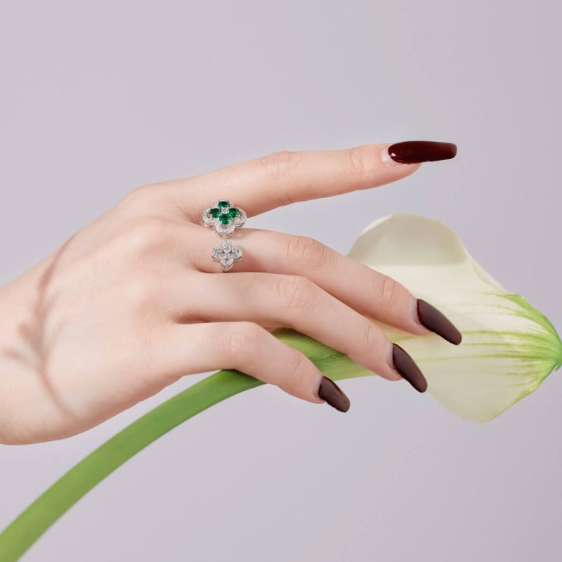 Exquisite Double Flower Diamond and Green Gemstone Ring DY120981-S-W-WG (6)