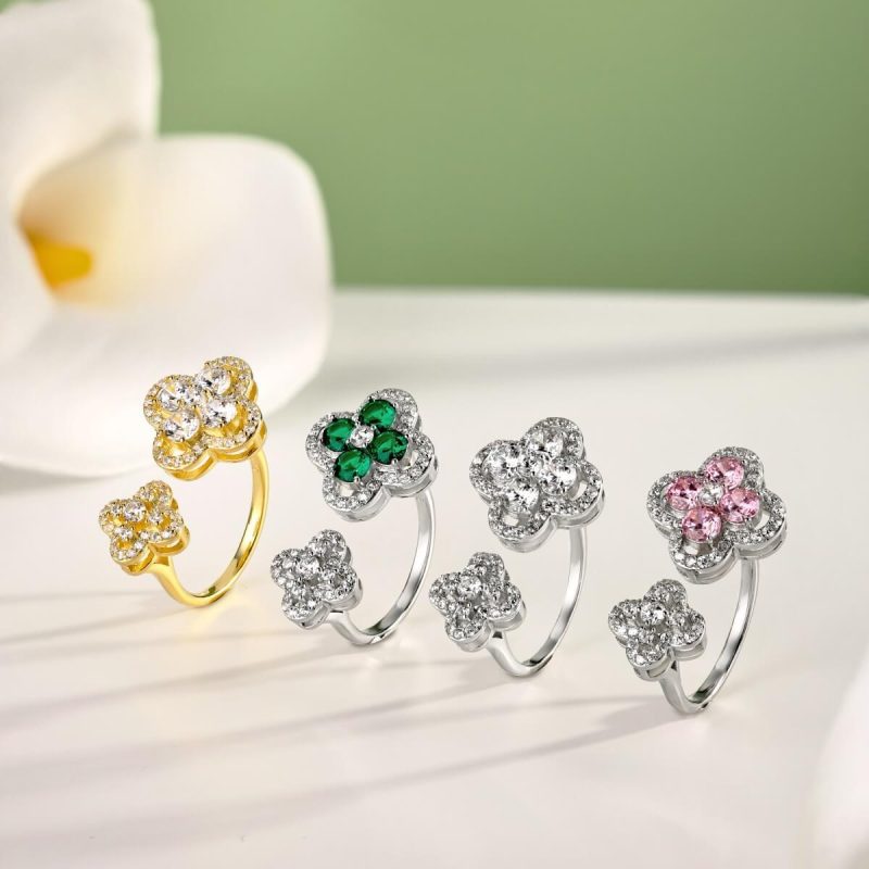 Exquisite Double Flower Diamond and Green Gemstone Ring DY120981-S-W-WG (7)