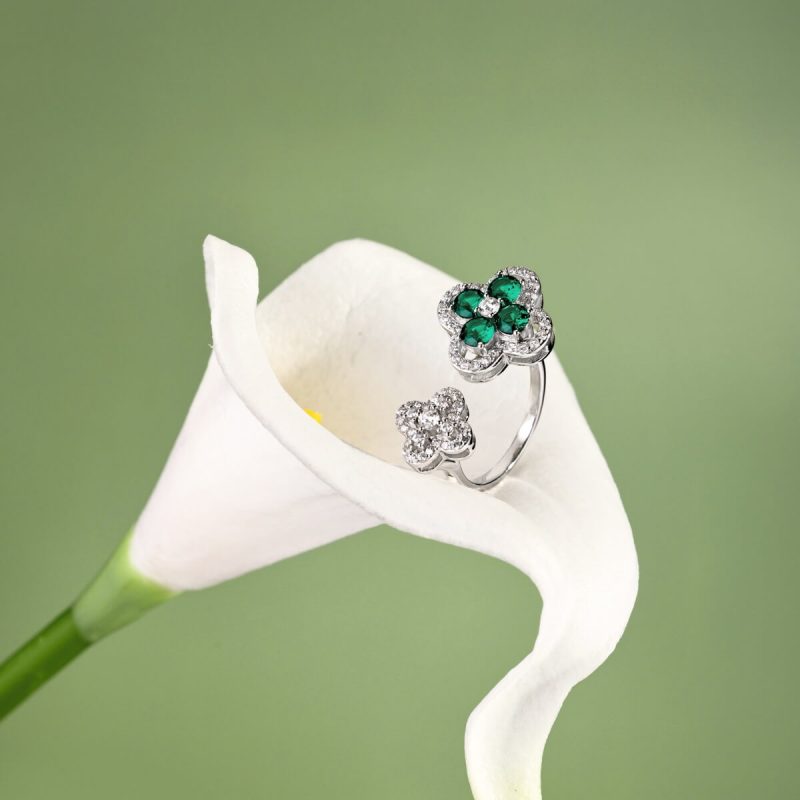 Exquisite Double Flower Diamond and Green Gemstone Ring DY120981-S-W-WG (8)