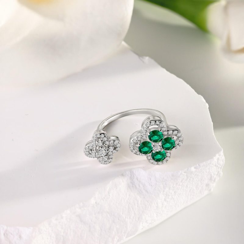 Exquisite Double Flower Diamond and Green Gemstone Ring DY120981-S-W-WG (9)