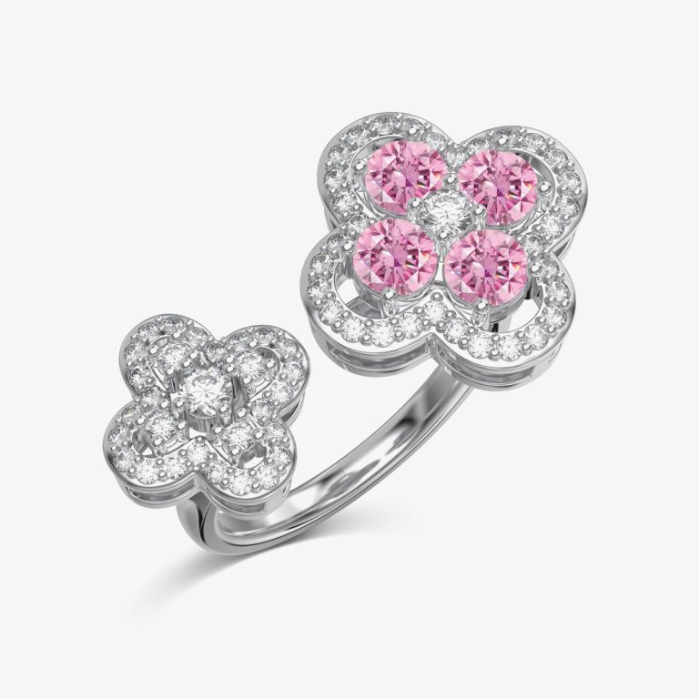 Exquisite Double Flower Diamond and Pink Gemstone Ring DY120981-S-W-PK (1)