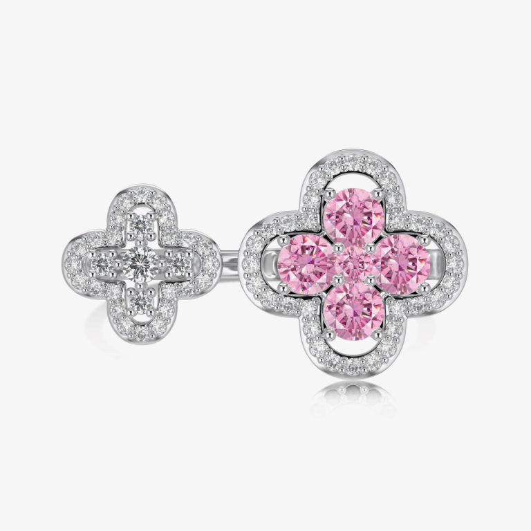 Exquisite Double Flower Diamond and Pink Gemstone Ring DY120981-S-W-PK (1)