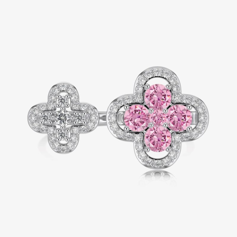 Exquisite Double Flower Diamond and Pink Gemstone Ring DY120981-S-W-PK (7)