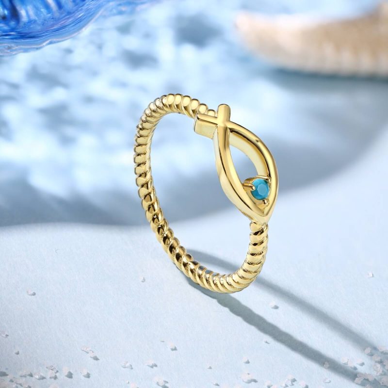 Fish Symbol Blue Sapphire Gold Ring DY121043-S-G-SS(5)