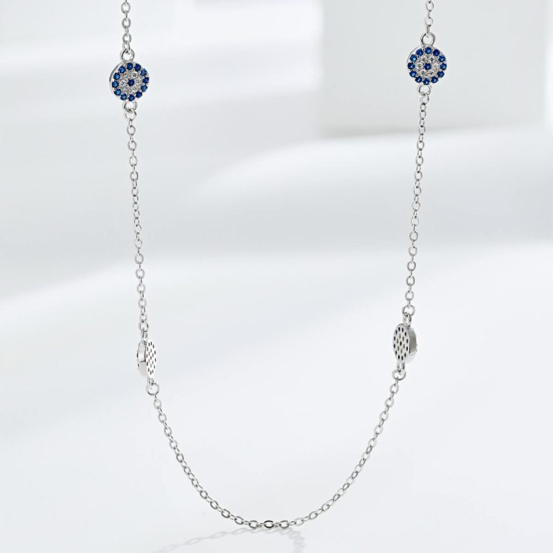 Floral Pattern Blue and White Gemstone Embedded silver Necklace TZ190007-S-W-BA (3)