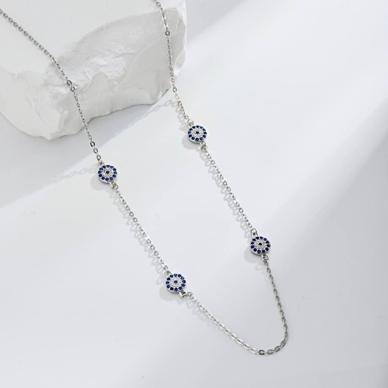 Floral Pattern Blue and White Gemstone Embedded silver Necklace TZ190007-S-W-BA (4)