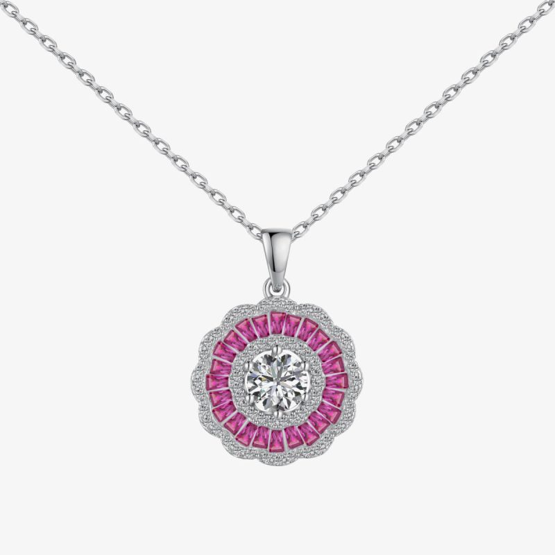 Floral Pink Gemstone and Diamond Silver Necklace DY190708-S-W-BO (1)